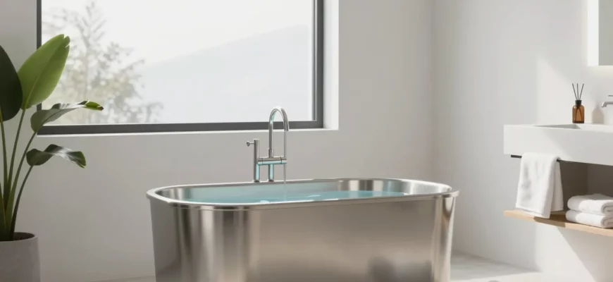 A modern, minimalist home interior featuring a sleek, stainless steel cold plunge tub in a bright, airy bathroom. Natural light streams in from a large window. Focus on clean lines and a sense of calm and wellness. Include subtle elements like plants and soft towels to enhance the spa-like atmosphere.