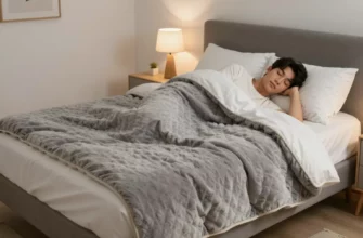 A cozy bedroom scene featuring a large, soft, textured weighted blanket in neutral gray draped over a modern bed with white linens, a person peacefully sleeping underneath it, warm ambient lighting from a bedside lamp, minimalist decor, and a sense of deep relaxation and comfort