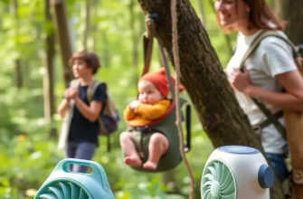 A detailed product showcase featuring the Bearaby Tree Napper baby carrier hanging from a tree branch in a lush forest setting, with the Cooli portable fan placed nearby on a wooden surface, soft natural lighting, high detail, vibrant colors, showing both products clearly with their textures and design features, people using the products in a relaxed outdoor environment