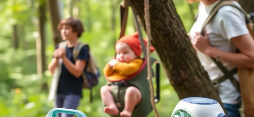 A detailed product showcase featuring the Bearaby Tree Napper baby carrier hanging from a tree branch in a lush forest setting, with the Cooli portable fan placed nearby on a wooden surface, soft natural lighting, high detail, vibrant colors, showing both products clearly with their textures and design features, people using the products in a relaxed outdoor environment
