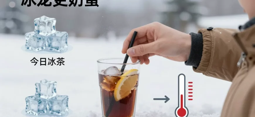 A detailed infographic-style illustration showing a person in winter clothing selecting and using a cold drink in a snowy outdoor setting, with clear visual elements like ice cubes, a frosty glass, and temperature indicators, presented in a clean, educational layout with minimal text