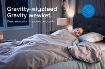A cozy bedroom scene featuring a person peacefully sleeping under a gravity-weighted blanket, with soft ambient lighting, a nightstand with a small lamp and a book, and a window showing a dark starry sky outside. The blanket has a subtle textured weave and is slightly draped over the edge of the bed, emphasizing its weight and comfort. The atmosphere is calm, serene, and therapeutic, conveying deep relaxation and improved sleep quality.