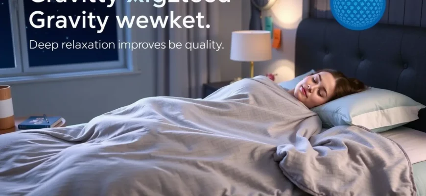 A cozy bedroom scene featuring a person peacefully sleeping under a gravity-weighted blanket, with soft ambient lighting, a nightstand with a small lamp and a book, and a window showing a dark starry sky outside. The blanket has a subtle textured weave and is slightly draped over the edge of the bed, emphasizing its weight and comfort. The atmosphere is calm, serene, and therapeutic, conveying deep relaxation and improved sleep quality.