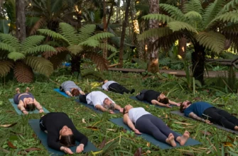 A serene outdoor yoga session in a lush forest clearing, with a diverse group of people practicing yoga poses on natural mats, surrounded by tall trees, ferns, and soft sunlight filtering through the canopy, evoking a sense of connection with nature and mindfulness
