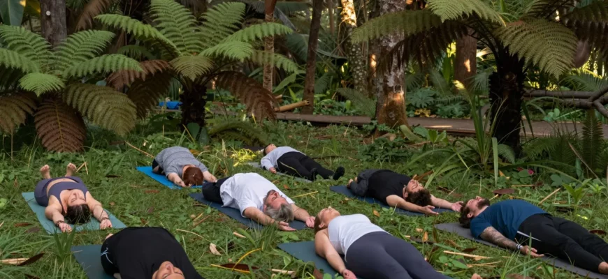A serene outdoor yoga session in a lush forest clearing, with a diverse group of people practicing yoga poses on natural mats, surrounded by tall trees, ferns, and soft sunlight filtering through the canopy, evoking a sense of connection with nature and mindfulness