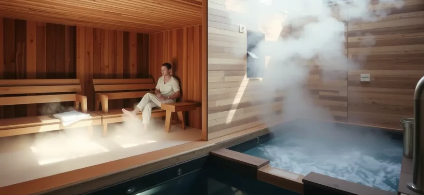 A serene sauna interior with wooden benches, steam rising, and a person relaxing, alongside a modern cold plunge pool with clear water and steam, natural lighting, minimalist design, emphasizing warmth and cool contrast
