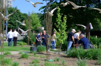 A vibrant, realistic scene showing a diverse group of people planting native trees and wildflowers in an urban park, with lush greenery, birds in flight, and a clear blue sky, emphasizing harmony between humans and nature