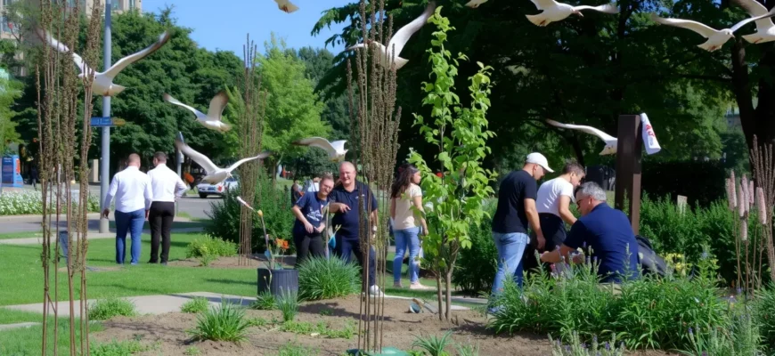 A vibrant, realistic scene showing a diverse group of people planting native trees and wildflowers in an urban park, with lush greenery, birds in flight, and a clear blue sky, emphasizing harmony between humans and nature