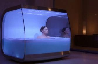 A sleek modern cold plunge pod made of frosted glass and stainless steel, illuminated by soft blue LED lighting, placed in a minimalist spa setting with smooth concrete floors and ambient warm lighting, showing a person partially submerged with serene expression, ultra-detailed textures, realistic water droplets on surface, cinematic depth of field
