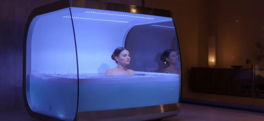 A sleek modern cold plunge pod made of frosted glass and stainless steel, illuminated by soft blue LED lighting, placed in a minimalist spa setting with smooth concrete floors and ambient warm lighting, showing a person partially submerged with serene expression, ultra-detailed textures, realistic water droplets on surface, cinematic depth of field
