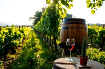 A serene vineyard at golden hour with lush green vines, wildflowers growing between rows, a rustic wooden wine barrel labeled 'Rewild Wines' with a leaf emblem, and a glass of organic red wine on a stone table beside a small potted native plant, all under a soft blue sky with gentle sunlight filtering through leaves