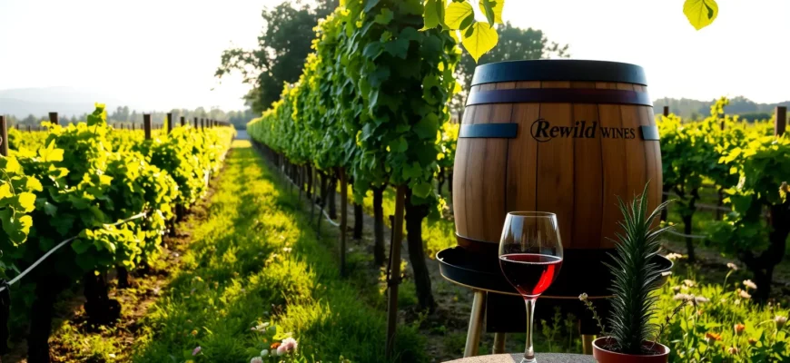 A serene vineyard at golden hour with lush green vines, wildflowers growing between rows, a rustic wooden wine barrel labeled 'Rewild Wines' with a leaf emblem, and a glass of organic red wine on a stone table beside a small potted native plant, all under a soft blue sky with gentle sunlight filtering through leaves