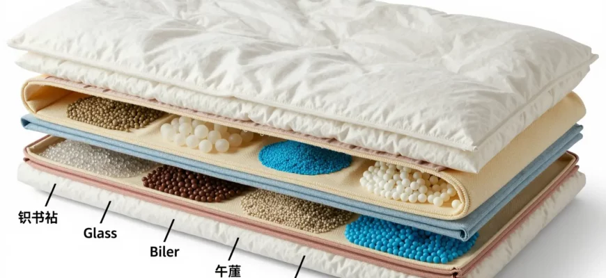 A detailed cross-sectional view of a weighted blanket showing its internal layers and components, including the outer fabric, stitching, inner lining, and various types of fillers like glass beads, plastic pellets, or fabric scraps, arranged in a clear, educational diagram style with labels