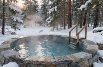 A serene outdoor cold plunge pool made of natural stone, filled with clear icy water, surrounded by a snowy forest landscape with pine trees lightly dusted in snow, steam gently rising from the water surface, a wooden ladder leading into the pool, soft morning light filtering through the trees, no people visible, emphasizing tranquility and wellness
