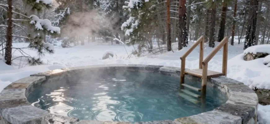 A serene outdoor cold plunge pool made of natural stone, filled with clear icy water, surrounded by a snowy forest landscape with pine trees lightly dusted in snow, steam gently rising from the water surface, a wooden ladder leading into the pool, soft morning light filtering through the trees, no people visible, emphasizing tranquility and wellness