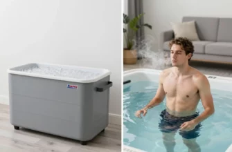 A split-screen comparison showing a Costco home cold therapy unit (like a portable ice bath or cryotherapy chamber) on the left and a person experiencing cold therapy (wearing minimal clothing in a cold plunge pool or standing in freezing air) on the right, with clear visual indicators of temperature effects like visible breath in cold air or steam rising from skin, set in a clean, modern home environment with natural lighting