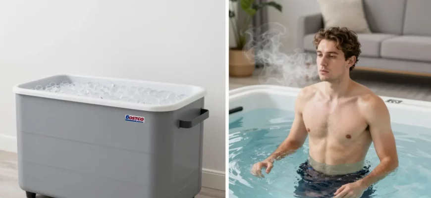 A split-screen comparison showing a Costco home cold therapy unit (like a portable ice bath or cryotherapy chamber) on the left and a person experiencing cold therapy (wearing minimal clothing in a cold plunge pool or standing in freezing air) on the right, with clear visual indicators of temperature effects like visible breath in cold air or steam rising from skin, set in a clean, modern home environment with natural lighting
