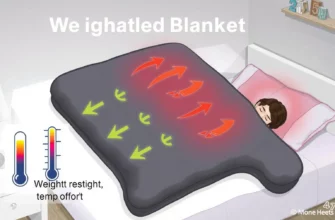 A detailed scientific illustration showing a weighted blanket with heat distribution arrows, a thermometer displaying temperature, and a person sleeping comfortably under the blanket in a cozy bedroom setting, emphasizing the science of heat retention and comfort