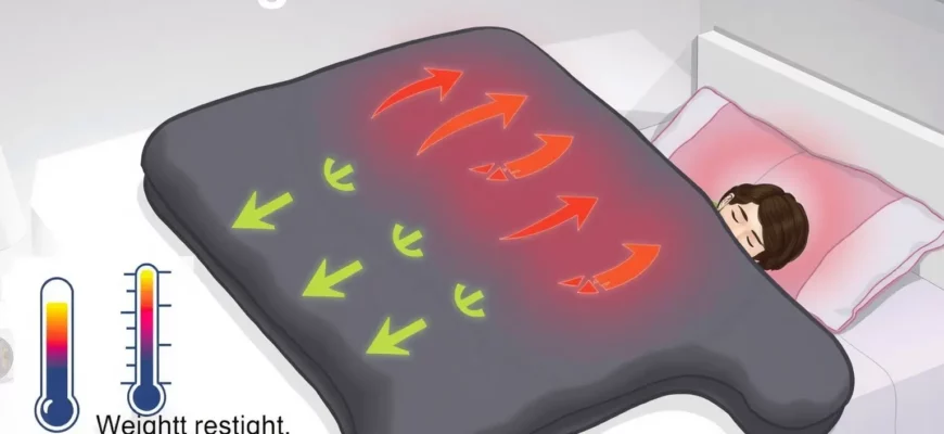 A detailed scientific illustration showing a weighted blanket with heat distribution arrows, a thermometer displaying temperature, and a person sleeping comfortably under the blanket in a cozy bedroom setting, emphasizing the science of heat retention and comfort