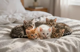 Five kittens of different breeds and colors snuggled together on a soft, weighted blanket with subtle grey tones, lying on a cozy bed in a warm, sunlit bedroom, gentle shadows and soft lighting, peaceful and comforting atmosphere