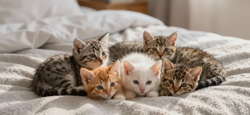 Five kittens of different breeds and colors snuggled together on a soft, weighted blanket with subtle grey tones, lying on a cozy bed in a warm, sunlit bedroom, gentle shadows and soft lighting, peaceful and comforting atmosphere