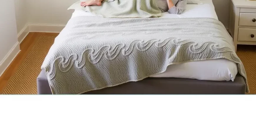 A cozy bedroom scene featuring a neatly made bed with a plush queen weighted blanket draped over it, showing the blanket's texture and weight, alongside a person relaxing comfortably under it, with soft lighting and a calm atmosphere