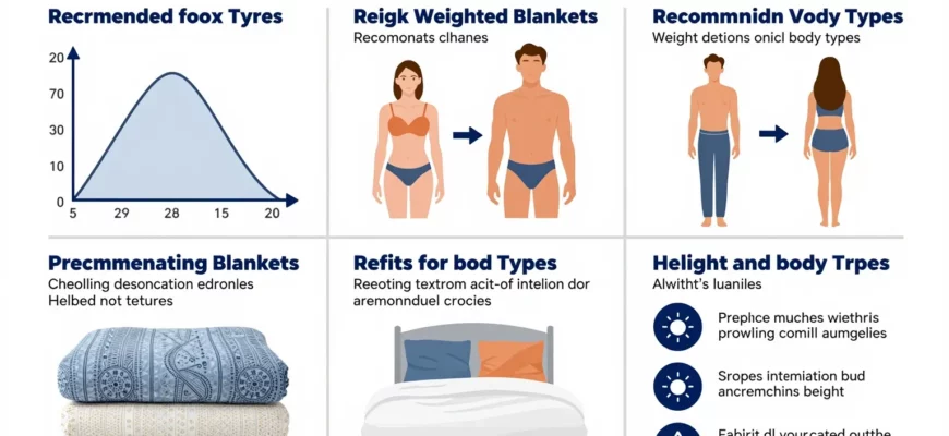 A detailed infographic-style illustration showing the key components and usage rules of weighted blankets, including weight distribution charts, fabric textures, recommended weights for different body types, and safety guidelines, rendered in clear, educational style with labeled sections and clean visual hierarchy