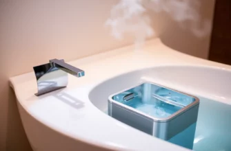 A clean, modern bathroom scene featuring a sleek, stainless steel cold plunge chiller unit placed beside a minimalist bathtub, with clear water visible inside the chiller, soft ambient lighting, and subtle steam rising, conveying a spa-like atmosphere of relaxation and wellness