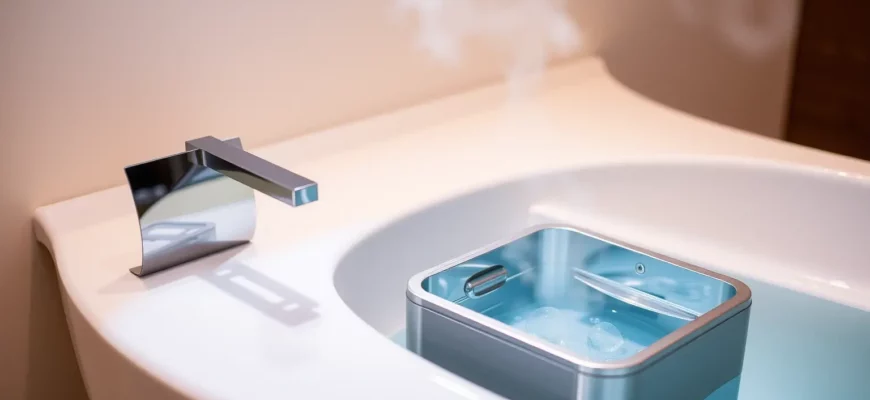 A clean, modern bathroom scene featuring a sleek, stainless steel cold plunge chiller unit placed beside a minimalist bathtub, with clear water visible inside the chiller, soft ambient lighting, and subtle steam rising, conveying a spa-like atmosphere of relaxation and wellness