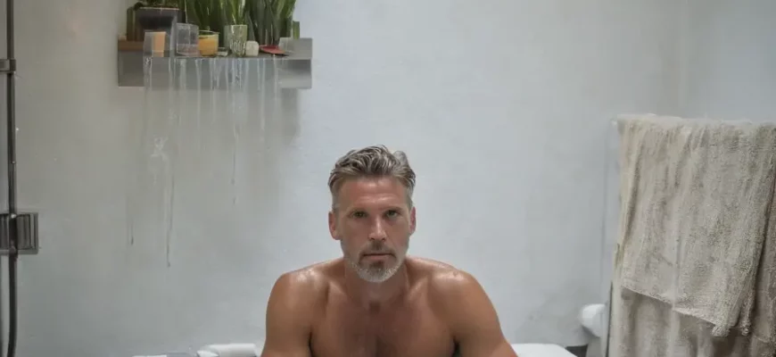 A modern bathroom scene showing a repurposed chest freezer converted into a cold plunge pool, filled with clear icy water, surrounded by towels and bathroom accessories, with a person partially submerged enjoying the plunge