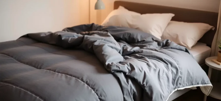 A cozy bedroom scene featuring a neatly made bed with a large, soft, deep gray weighted blanket draped evenly over it, subtle texture visible on the blanket, warm ambient lighting, minimalist decor, no text or numbers visible