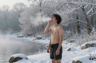 A person standing in a cold outdoor environment, such as a snowy forest or icy lake shore, taking a deep breath while wearing minimal clothing (e.g., shorts and t-shirt), with visible steam rising from their body, surrounded by frost-covered trees and soft morning light, conveying the transformative power of brief cold exposure