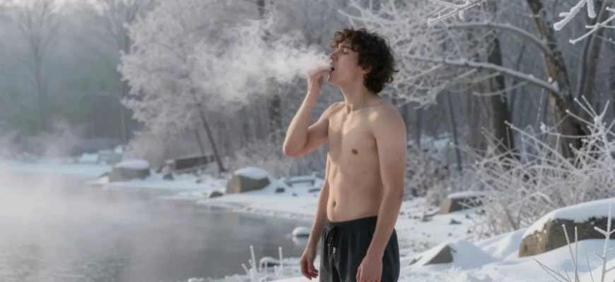 A person standing in a cold outdoor environment, such as a snowy forest or icy lake shore, taking a deep breath while wearing minimal clothing (e.g., shorts and t-shirt), with visible steam rising from their body, surrounded by frost-covered trees and soft morning light, conveying the transformative power of brief cold exposure