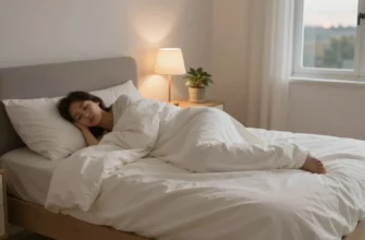 A cozy bedroom scene featuring a person peacefully sleeping under a soft, evenly distributed weighted blanket on a neatly made bed with neutral-toned bedding, warm ambient lighting from a bedside lamp, a small potted plant on the nightstand, and a window showing a calm twilight sky outside — emphasizing comfort, relaxation, and the therapeutic benefits of weighted blankets