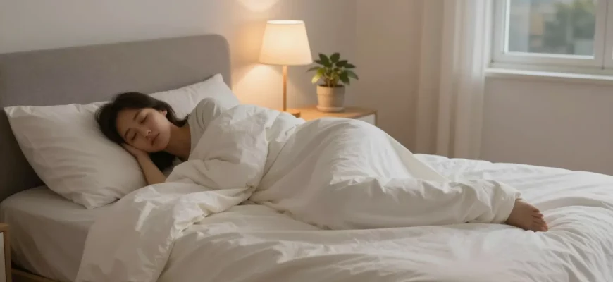 A cozy bedroom scene featuring a person peacefully sleeping under a soft, evenly distributed weighted blanket on a neatly made bed with neutral-toned bedding, warm ambient lighting from a bedside lamp, a small potted plant on the nightstand, and a window showing a calm twilight sky outside — emphasizing comfort, relaxation, and the therapeutic benefits of weighted blankets