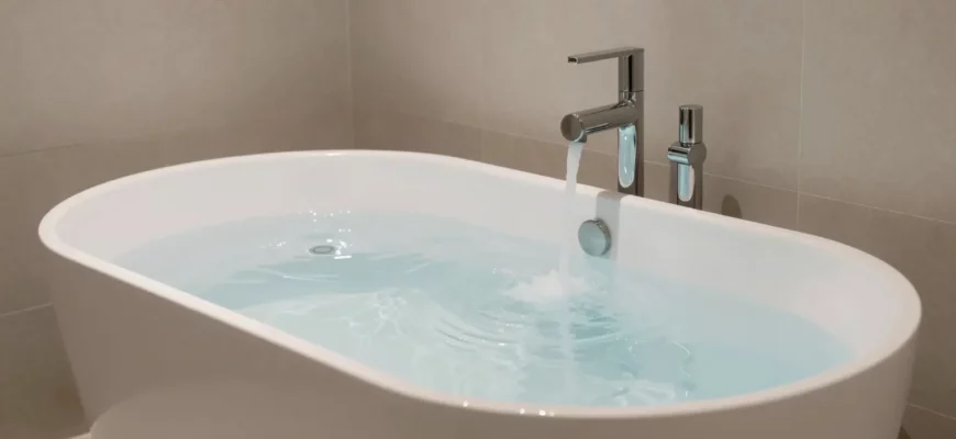 A sleek modern bathroom scene featuring a minimalist cold plunge tub filled with clear icy water, surrounded by smooth stone tiles and soft ambient lighting, conveying a sense of refreshing luxury and wellness