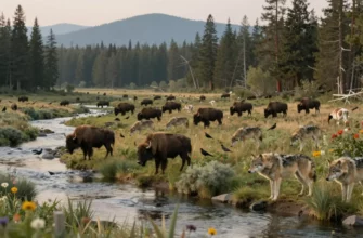 A vibrant, hopeful landscape showing a rewilded ecosystem with diverse wildlife such as wolves, bison, and birds returning to a restored forest and grassland, with clear rivers, native plants, and distant mountains under a soft sunrise sky, symbolizing ecological recovery and frontline conservation efforts