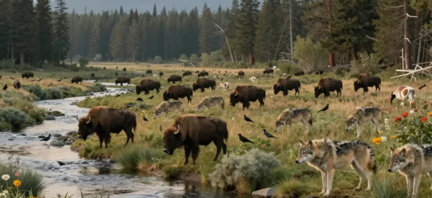 A vibrant, hopeful landscape showing a rewilded ecosystem with diverse wildlife such as wolves, bison, and birds returning to a restored forest and grassland, with clear rivers, native plants, and distant mountains under a soft sunrise sky, symbolizing ecological recovery and frontline conservation efforts