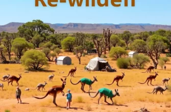A vibrant, detailed scene of a rewilding project in the Australian outback, showing native wildlife like kangaroos and emus roaming freely, with volunteers planting native trees and shrubs, and restored grasslands under a clear blue sky, emphasizing ecological recovery and human-nature harmony