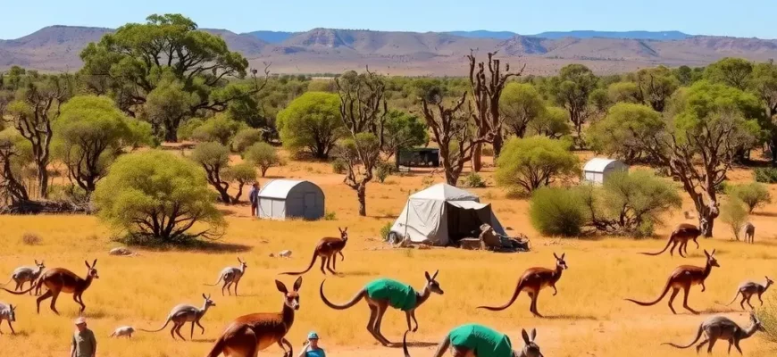 A vibrant, detailed scene of a rewilding project in the Australian outback, showing native wildlife like kangaroos and emus roaming freely, with volunteers planting native trees and shrubs, and restored grasslands under a clear blue sky, emphasizing ecological recovery and human-nature harmony