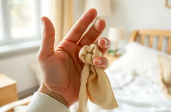 A close-up of a hand gently holding a small, neatly tied weighted blanket tie made of soft fabric, showing the stitching and texture, with a blurred background of a cozy bedroom scene featuring a bed and a window with natural light