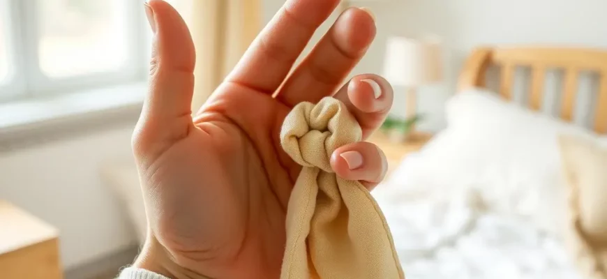 A close-up of a hand gently holding a small, neatly tied weighted blanket tie made of soft fabric, showing the stitching and texture, with a blurred background of a cozy bedroom scene featuring a bed and a window with natural light
