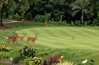 A vibrant, detailed scene showing a lush, rewilded golf course transitioning from manicured fairways to dense, natural forests, with diverse wildlife like deer and birds, native plants, and water features, under a bright, sunny sky