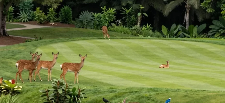 A vibrant, detailed scene showing a lush, rewilded golf course transitioning from manicured fairways to dense, natural forests, with diverse wildlife like deer and birds, native plants, and water features, under a bright, sunny sky