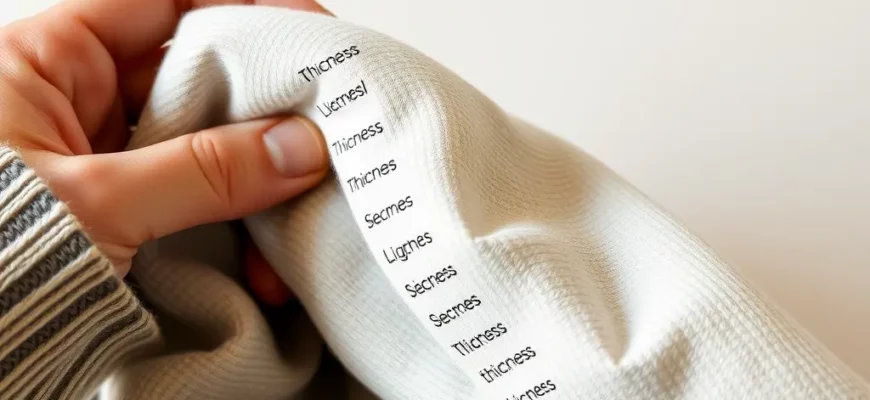 A close-up of a hand holding a weighted blanket fabric swatch with varying thickness labels, soft lighting, neutral background