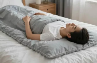 A person lying comfortably on a bed with a weighted blanket draped over them, showing relaxed posture and calm expression, with soft lighting and a cozy bedroom environment