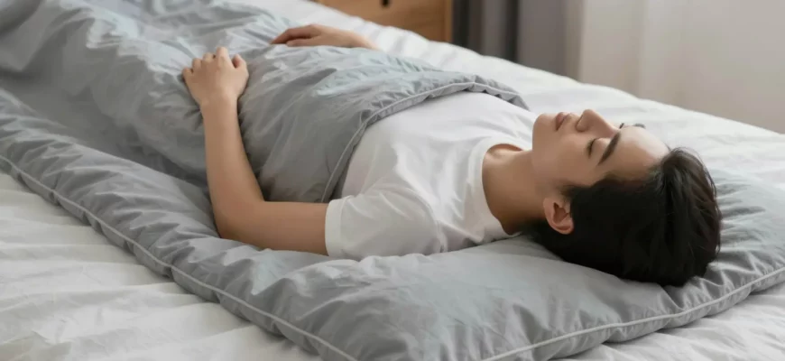 A person lying comfortably on a bed with a weighted blanket draped over them, showing relaxed posture and calm expression, with soft lighting and a cozy bedroom environment