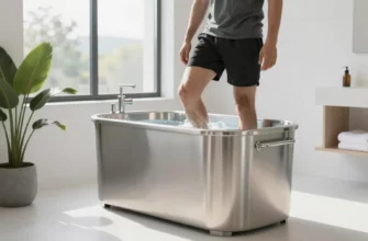 A modern bathroom scene featuring a sleek, minimalist cold plunge tub made of stainless steel or acrylic, positioned next to a large window with natural light streaming in, surrounded by clean white tiles and a small potted plant, with a person in athletic wear stepping into the tub, conveying a sense of wellness and relaxation