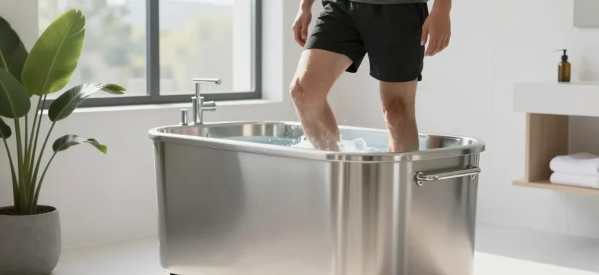 A modern bathroom scene featuring a sleek, minimalist cold plunge tub made of stainless steel or acrylic, positioned next to a large window with natural light streaming in, surrounded by clean white tiles and a small potted plant, with a person in athletic wear stepping into the tub, conveying a sense of wellness and relaxation