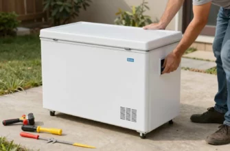 A clear, well-lit outdoor scene showing a person selecting and installing a cold storage unit (like a chest freezer or insulated cabinet) in a backyard or garden setting, with tools and materials visible, emphasizing proper placement and setup